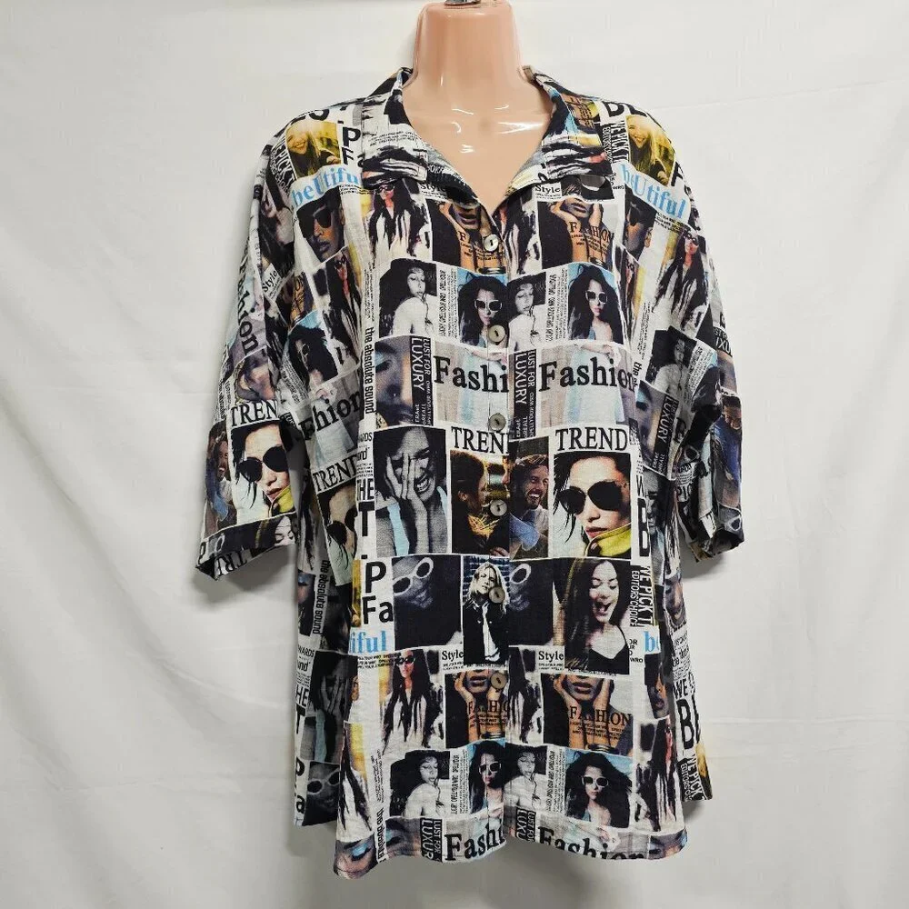 John Mark Women Graphic Button Up Collared Top Blouse Shirt Size L Deep Slits - Picture 1 of 13
